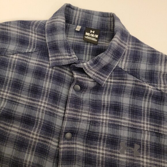 Under Armour Flannel Shirt Mens Medium Blue Plaid Tradesman Flex Snap Button Up - Picture 1 of 12